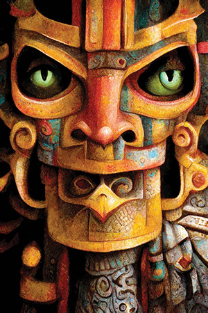 Aztec mask, creepy face, mythology theme. Digital art, printable illustration, ai artworkの素材