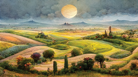 Italian landscape, semi abstract painting, panorama tuscany hills. Printable wall art, digital illustrationの素材