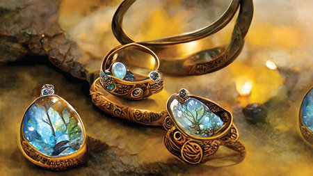Imaginary jewelry, mystery blue gemstone, topaz and gold, fantasy digital art, printable illustrationの素材