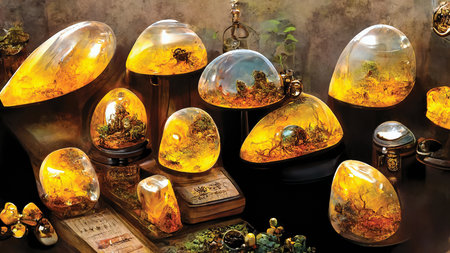 Fantasy gemstones background, wallpaper with jewelry stones, magic amber with insects. Digital art, printable illustrationの素材