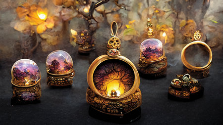Imaginary jewelry, mystery stone, gold ring, amethyst, fantasy digital art, printable illustrationの素材