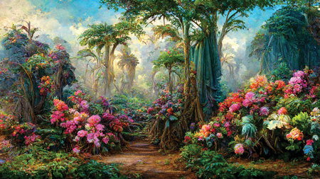 Digital colorful illustration of landscape in the wild tropical forest. Printable wall art, jungle paintingの素材
