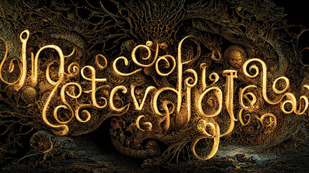 Fantasy calligraphy, imaginary lettering, magic spell, golden background. Digital art, printable artworkの素材