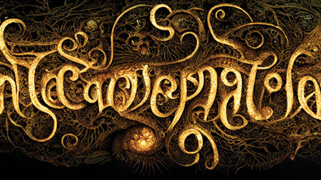 Fantasy calligraphy, imaginary lettering, magic spell, golden background. Digital art, occultic inscriptionの素材