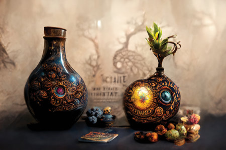 Still life with an ornate vase and a bottle, home decor. Digital art, ai artwork, background illustrationの素材