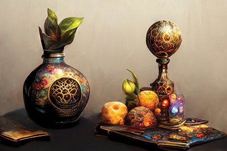 Still life with an ornate vase and a bottle, home decor. Digital art, ai artwork, background illustrationの素材