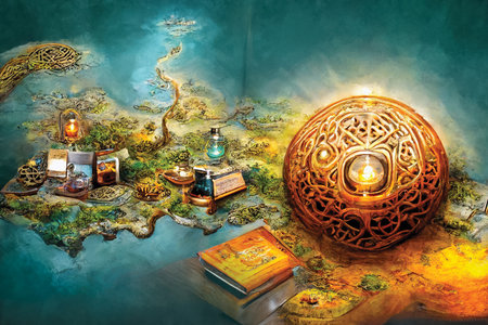 Fantasy 3D map for computer game. Global map, imaginary world. 3D illustration, background or wallpaper, digital artの素材