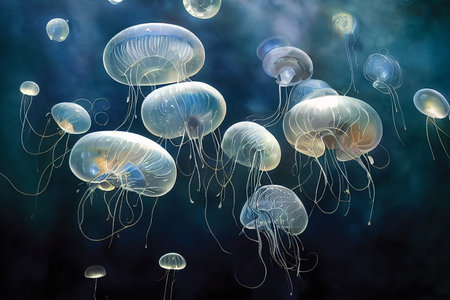 Beautiful jellyfish, underwater life painting, medusa wallpaper. Digital illustration, printable wall artの素材