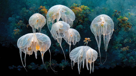 Beautiful fantasy jellyfishes, underwater life painting. Digital illustration, printable wall artの素材