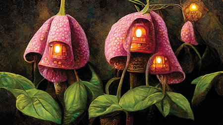 Fantasy bright pink flowers at the fairy tale forest. Children illustration of elven houses at the fairyland. Digital art, printable wall art, floral background or wallpaperの素材