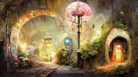 Town street with magic door. Fantasy art painting, digital art, printable wall artの素材