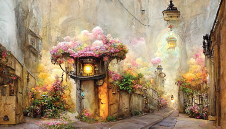 Street in a fantasy city. Abstract art painting, digital art, printable wall artの素材
