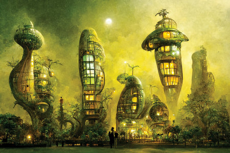 Futuristic landscape, fantasy future town, sci-fi illustration, alien architecture. Digital art, ai artwork, wallpaper or backgroundの素材