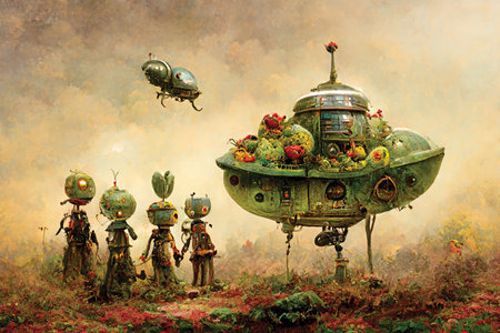 Fantasy illustration of aliens with her spaceship at the imaginary planet. Digital art, ai artwork, aliens background or wallpaperの素材