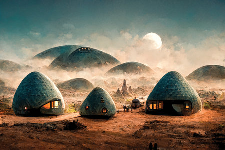Modern building, capsul houses in desert, fantasy future landscape. Digital art, sci-fi illustration, background or wallpaperの素材