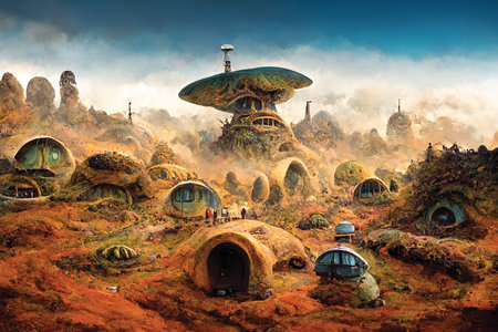 Fantasy Mars landscape, alien houses, red planet surface. Digital art, printable wall art, background or wallpaperの素材