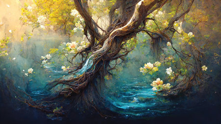 Digital illustration of spring bloossom tree. Fantasy painting, digital art, artificial intelligence artwork, printable wall artの素材