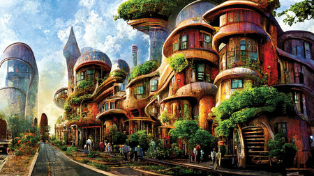Steampunk art. Fantasy cityscape, town street view. Printable wall art, digital paintingの素材