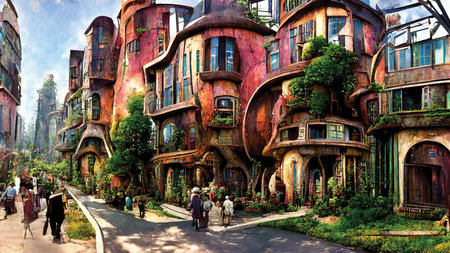 Steampunk digital art. Imaginary city street with fantasy buildings. Printable wall art, digital paintingの素材