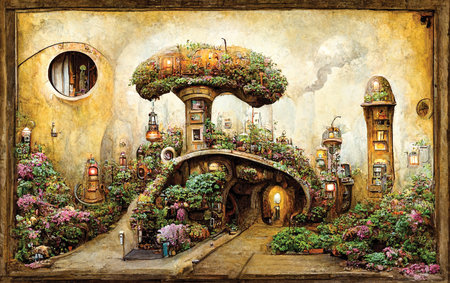 Steampunk digital art. Fantasy city of dreams, street with blooming flowers. Printable wall art, digital paintingの素材