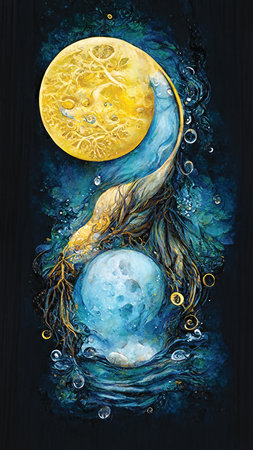 Mystic background with full moon at night. Dark blue digital art, vertical designの素材