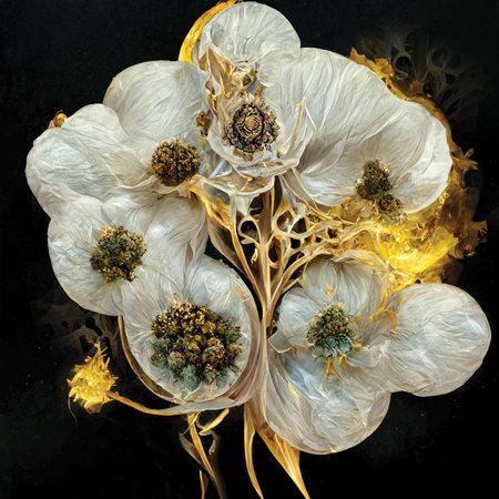 Digital art of imaginary white flowers in a beautiful bouquet. Printable wall art, floral background or patternの素材