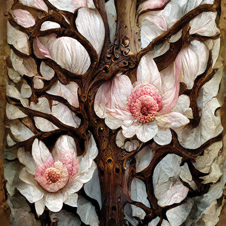 Beautiful pink flowers with wood texture, magnolia-like, digital art, printable wall art, floral background or patternの素材