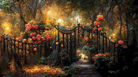 Blooming old garden, autumn evening park, beautifully lit by cozy lamps, romantic painting, red roses. Digital art, printable wall art, nature background or wallpaperの素材