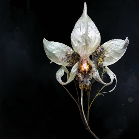 Orchid-like white fantasy flower. Digital art, printable wall art, floral background or patternの素材