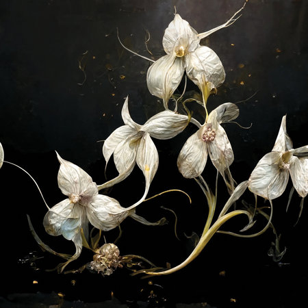 Digital art of beautiful white fantasy flowers. Printable wall art, floral background or patternの素材