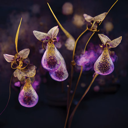 Orchid-like purple fantasy flowers. Digital art, printable wall art, floral background or pattern, artificial intelligence artworkの素材