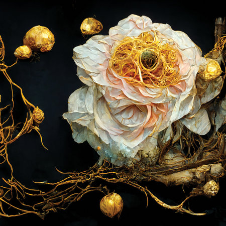 Digital art of imaginary bloossom rose. Artificial intelligence artwork, printable wall art, floral background or patternの素材