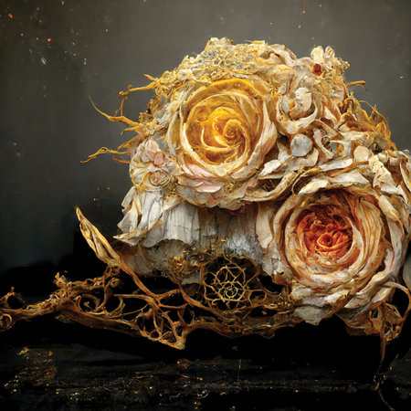 Fantasy bloossom rose. Digital art, artificial intelligence artwork, printable wall art, floral background or patternの素材