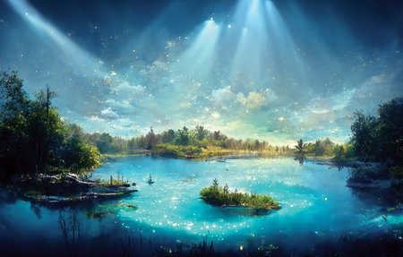 Fantasy illustration of beautiful lake, evening landscape. Digital art, printable wall art, ai artの素材