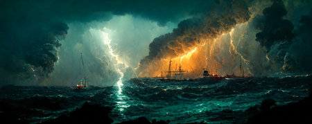 Ships in horrible storm, thunderbolt, danger at sea. Printable illustration, digital artの素材