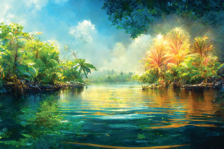Tropical landscape. Calm day on the river, printable illustration, digital artの素材
