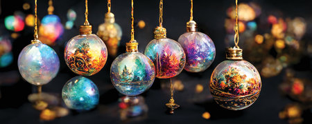 Christmas balls wallpaper, dark background. Digital art, printable illustrationの素材