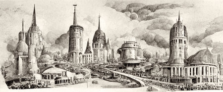 Hand drawn futuristic city illustration, cityscape view, digital artの素材
