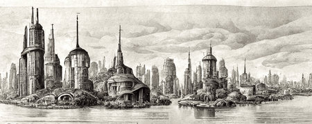 Futuristic city on the river, black and white illustration, cityscape view, digital artの素材