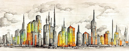 Drawing of the future city, cityscape view, sketch, digital artの素材