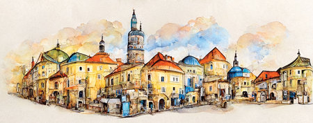 Old city street, cityscape view, watercolor drawing, digital artの素材
