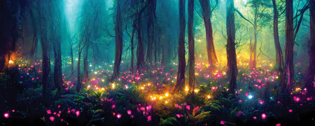Fantasy illustration of magical fairy tale forest with firefliesの素材