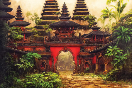 Balinese temple entrance, beautiful landscape, red wall, digital artの素材