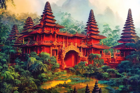 Balinese temple, culture and architecture, fantasy landscape, digital artの素材
