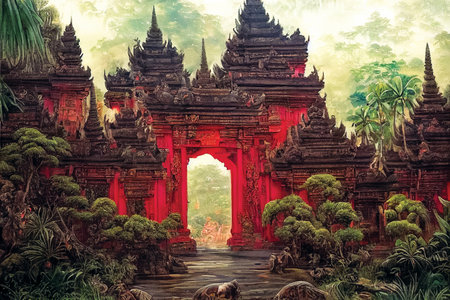 Balinese temple entrance, beautiful landscape, red wall, digital artの素材