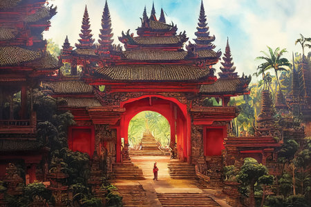 Balinese temple entrance, beautiful landscape, red wall, digital artの素材