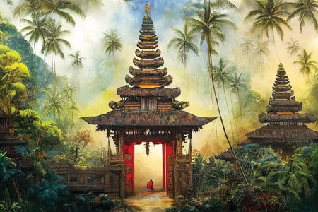 Balinese temple entrance, pagoda, oriental landscape, digital artの素材