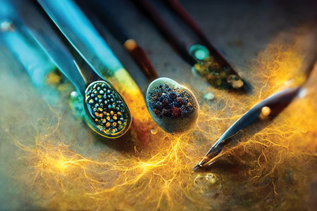 Digital art, illustration of biotechnology, micro bio form life, abstract background or wallpaper, ai artwork, printable artworkの素材