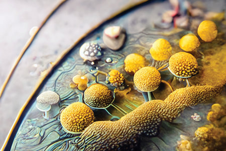 Digital art, illustration of biotechnology, micro bio form life, abstract background or wallpaper, ai artwork, printable artworkの素材