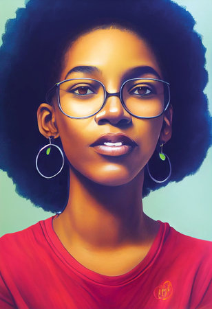 Portrait of a beautiful dark-skinned young girl with glasses, digital art, printable wall art, ai illustrationの素材